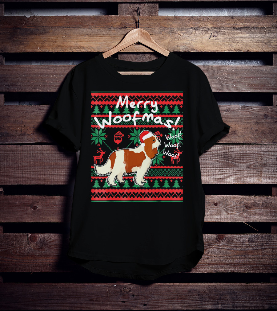 Merry Woofmas Cavalier King Charles Spaniel Festive Santa Hat Woof Woof Holiday T-Shirt