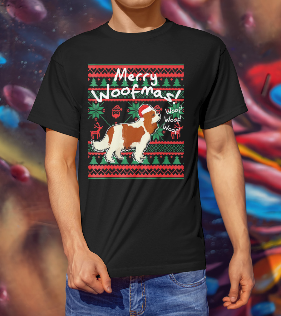 Merry Woofmas Cavalier King Charles Spaniel Festive Santa Hat Woof Woof Holiday T-Shirt