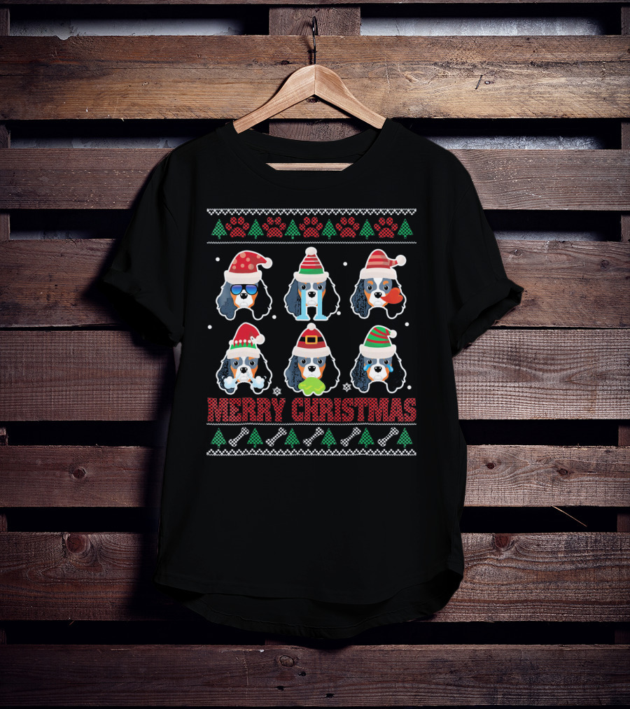 Merry Christmas Cavalier King Charles Spaniel Ugly Santa Santa Hat And Paw Prints T-Shirt