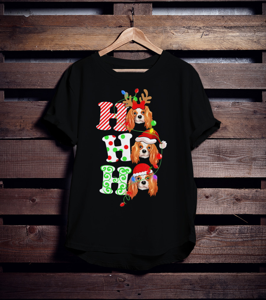 Cavalier King Charles Spaniel Santa Ho Ho Christmas Lights T-Shirt