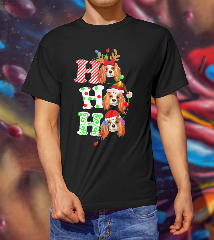 Cavalier King Charles Spaniel Santa Ho Ho Christmas Lights T-Shirt