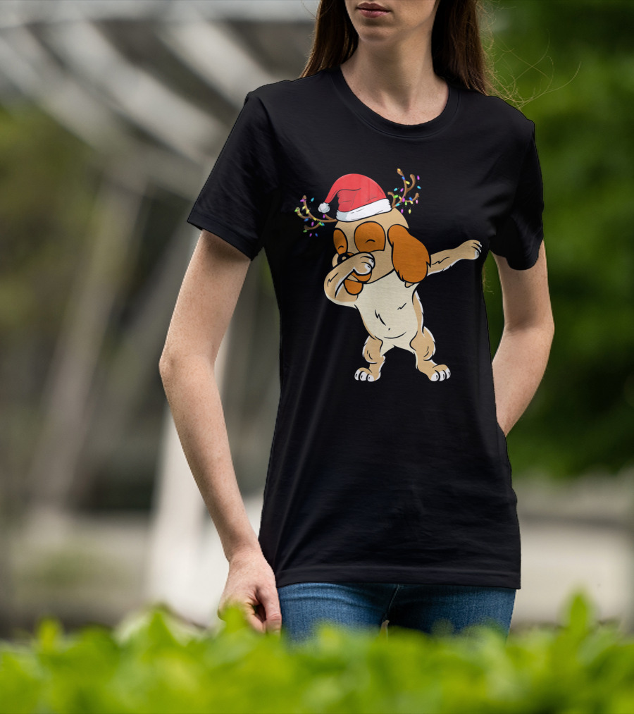 Christmas Cocker Spaniel Dabbing Reindeer Antlers Santa Hat T-Shirt