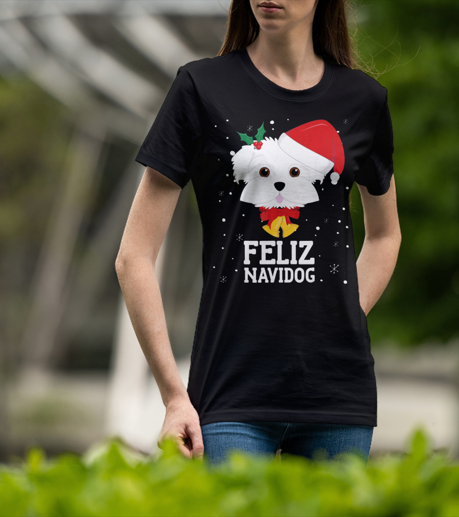 Feliz Navidog Christmas Maltese Dog With Santa Hat And Holly T-Shirt