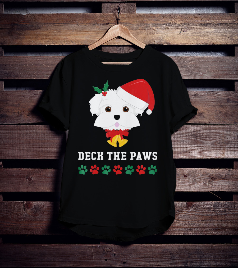 Deck The Paws Christmas Dog Maltese Santa Hat Paw Prints T-Shirt