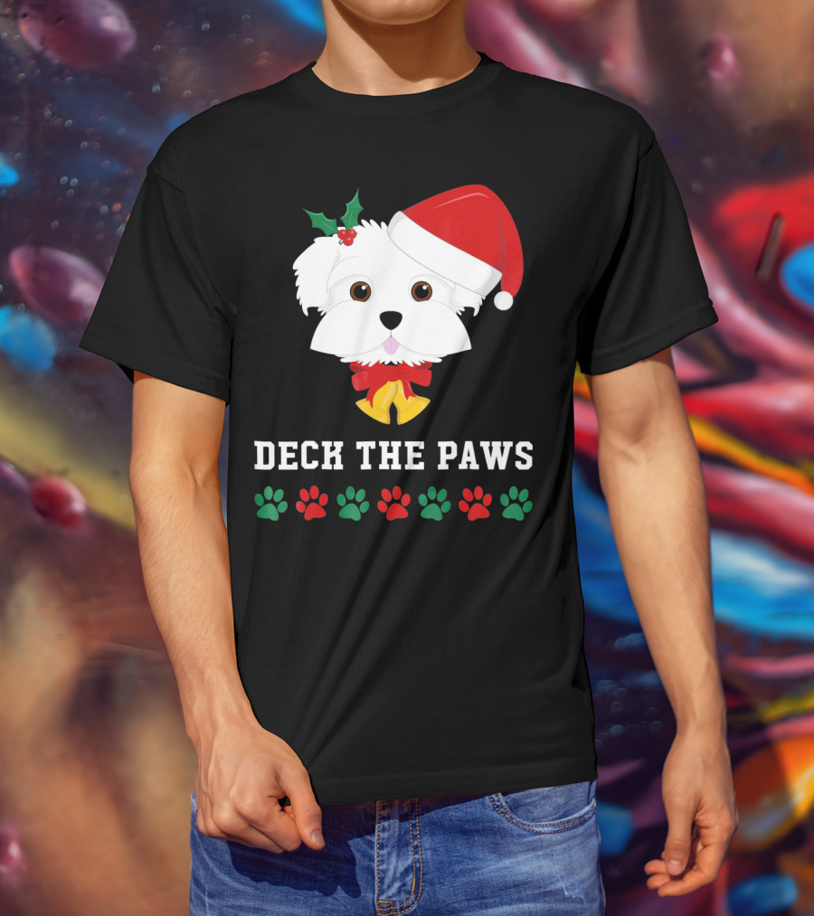 Deck The Paws Christmas Dog Maltese Santa Hat Paw Prints T-Shirt