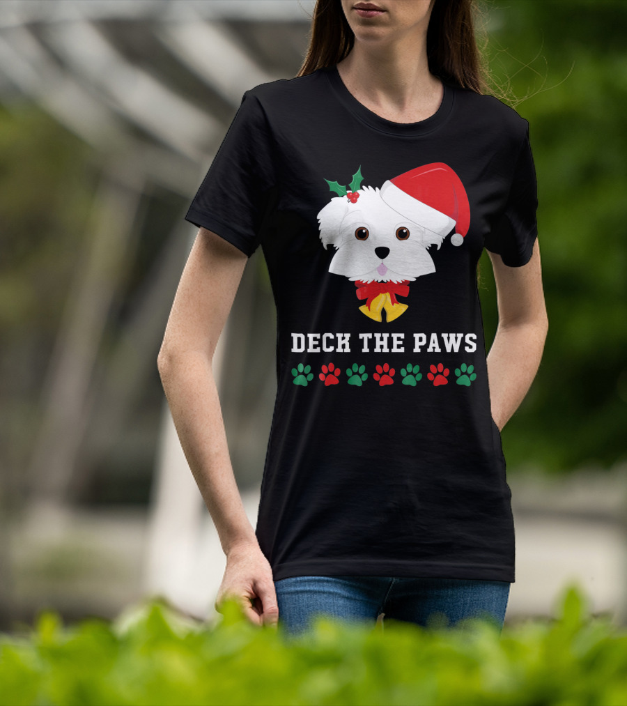 Deck The Paws Christmas Dog Maltese Santa Hat Paw Prints T-Shirt