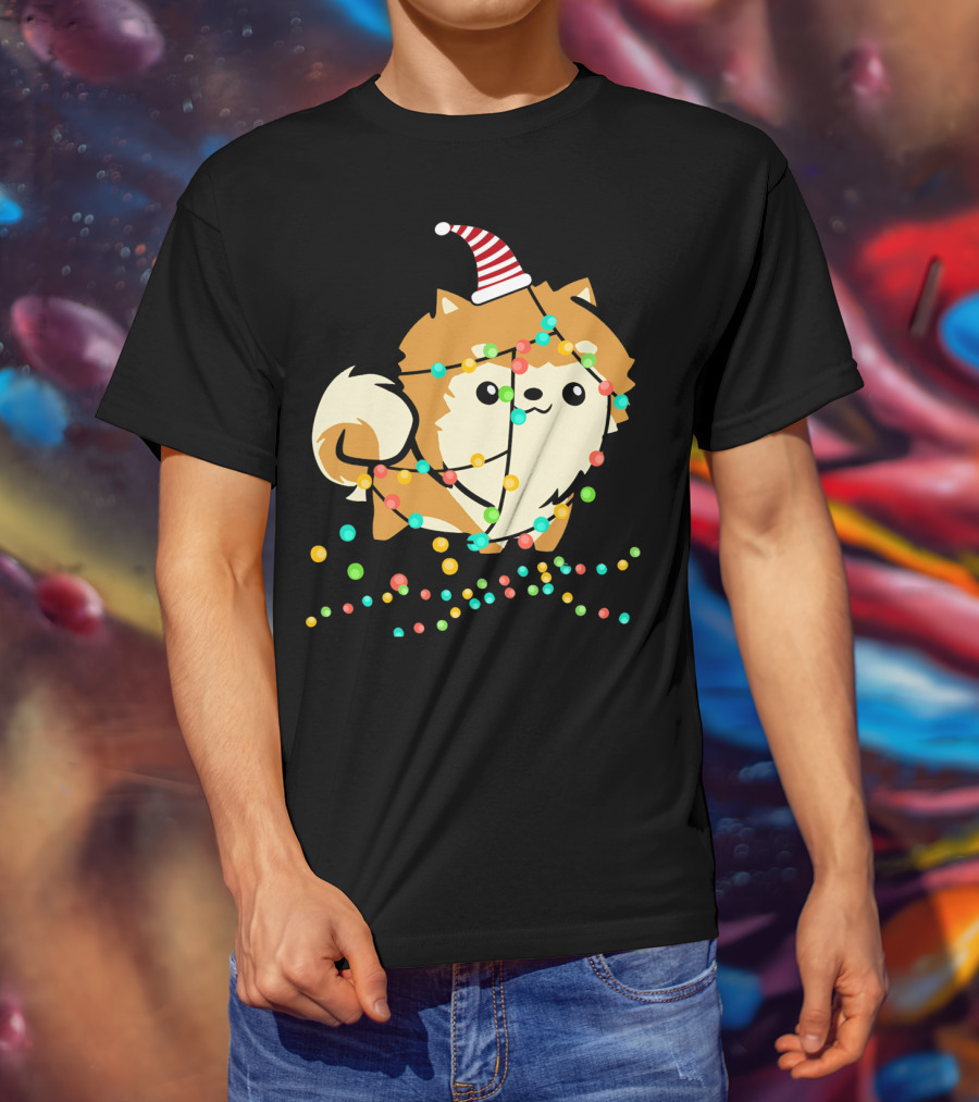Christmas Lights Pomeranian Santa Hat T-Shirt