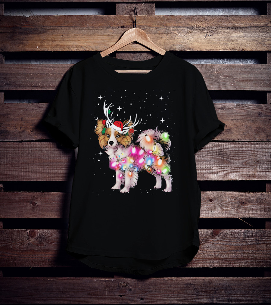 Papillon With Christmas Lights And Santa Antlers T-Shirt