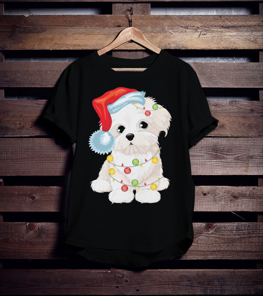 Santa Hat Maltese Dog Wrapped In Christmas Lights T-Shirt