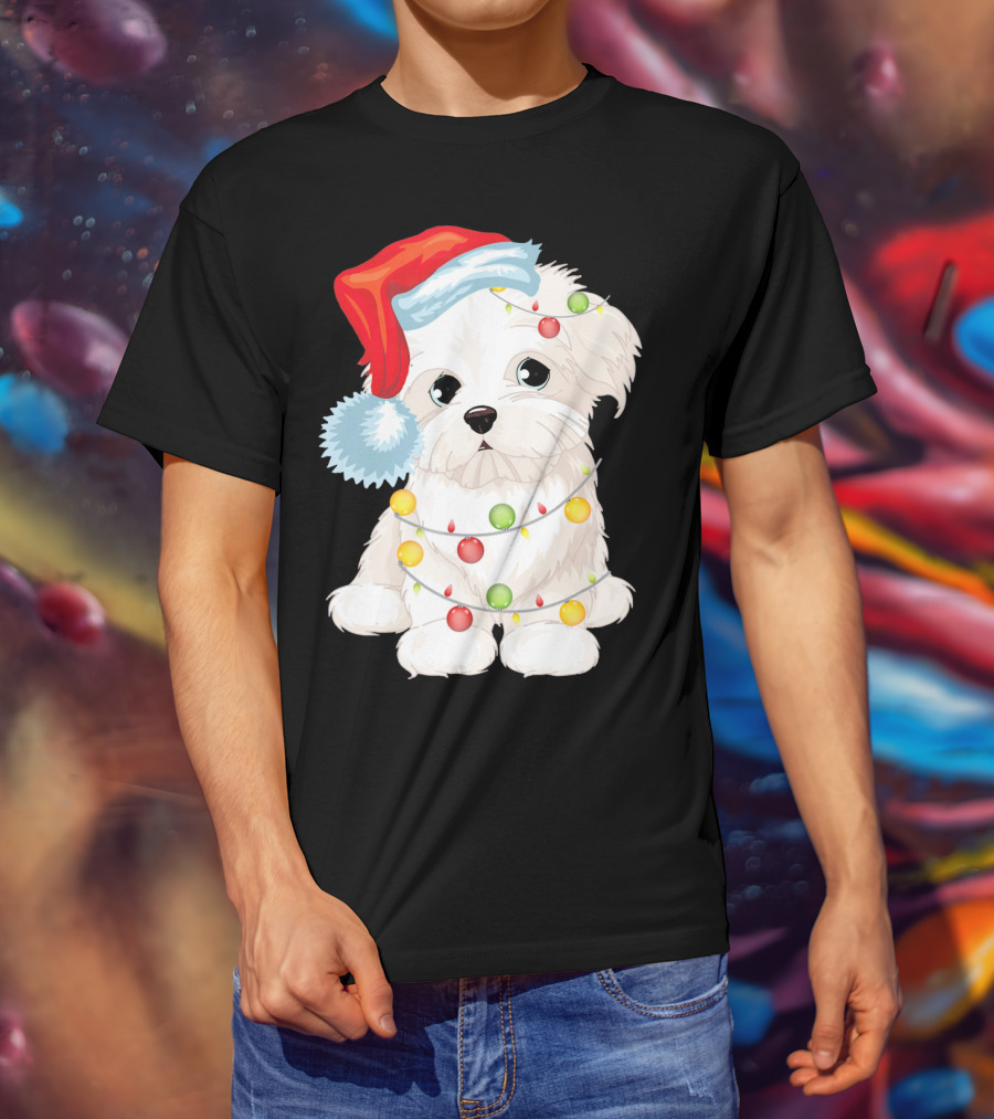Santa Hat Maltese Dog Wrapped In Christmas Lights T-Shirt