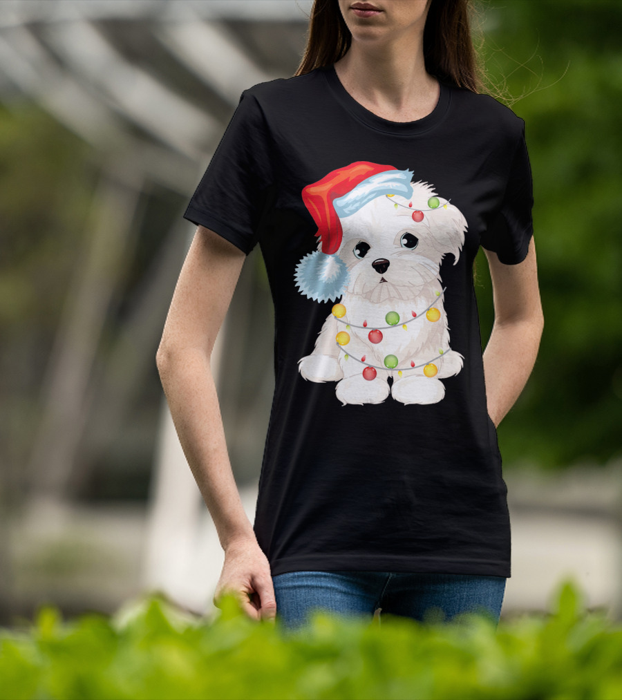 Santa Hat Maltese Dog Wrapped In Christmas Lights T-Shirt