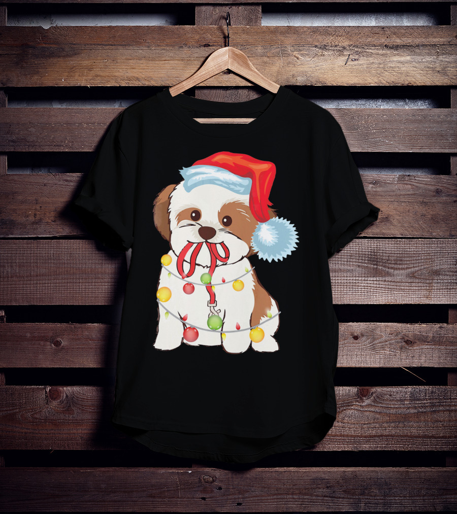 Christmas Lights Shih Tzu With Santa Hat And Festive Ornaments T-Shirt