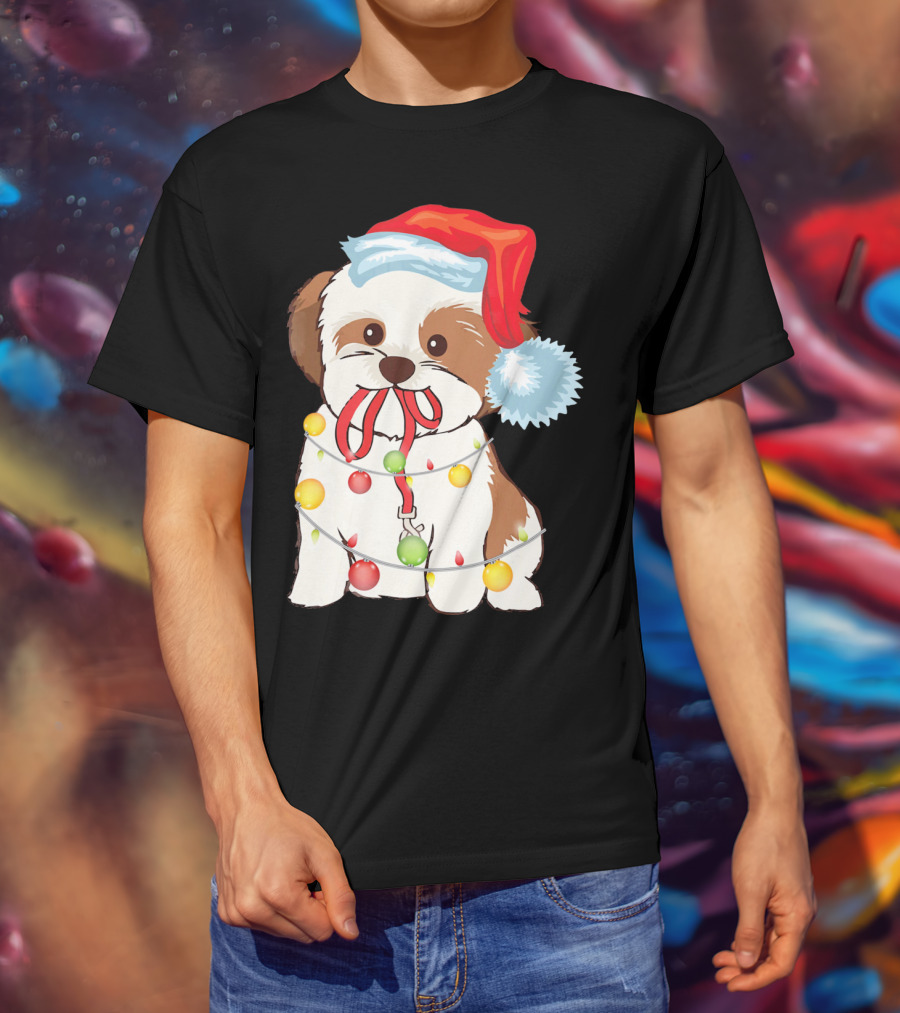 Christmas Lights Shih Tzu With Santa Hat And Festive Ornaments T-Shirt