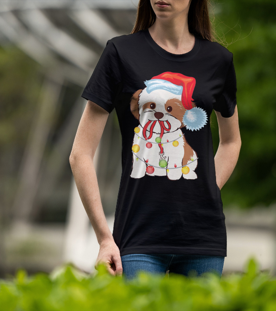 Christmas Lights Shih Tzu With Santa Hat And Festive Ornaments T-Shirt