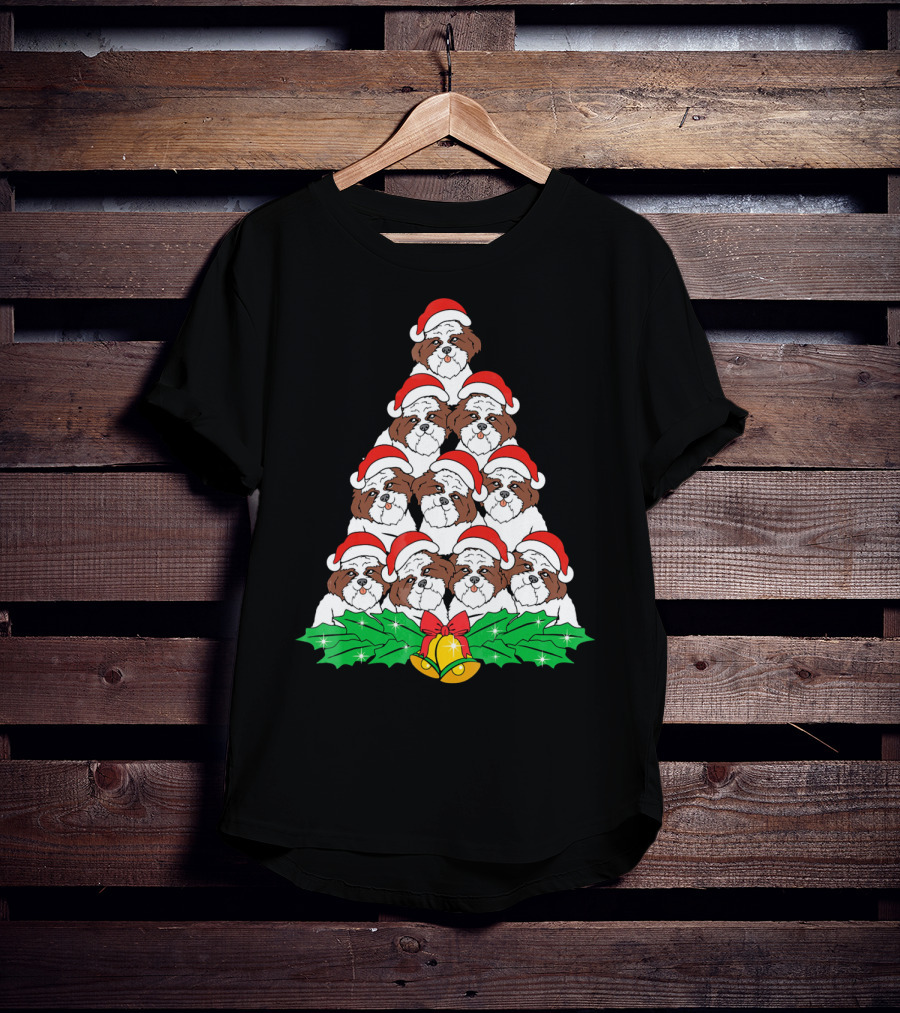 Christmas Shih Tzu Santa Hats Tree With Holly And Bells T-Shirt