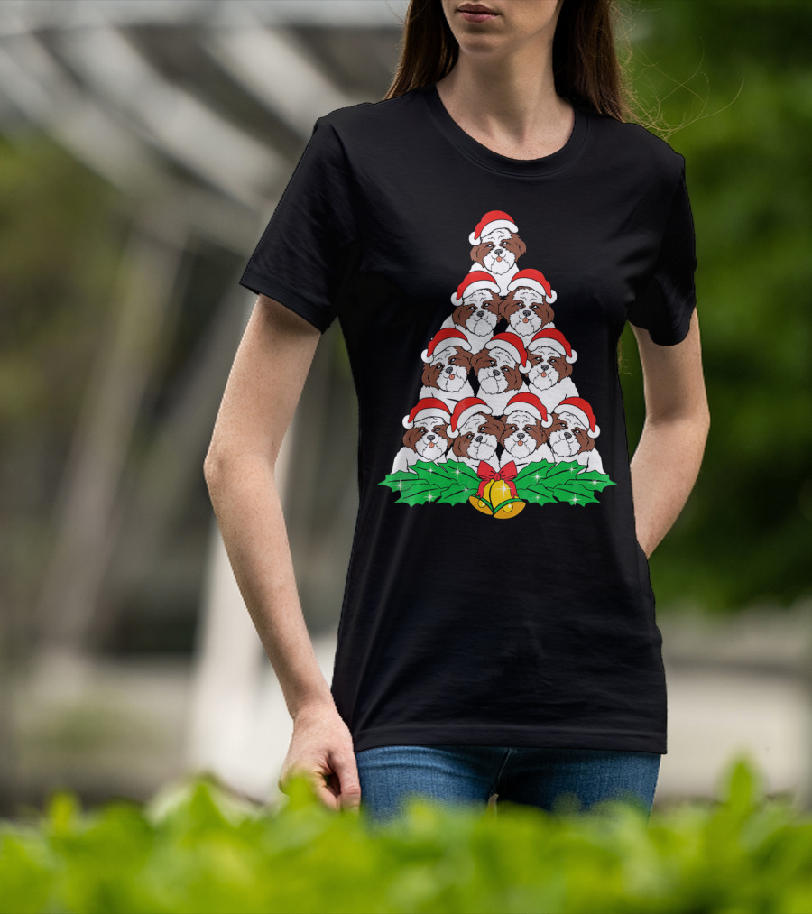 Christmas Shih Tzu Santa Hats Tree With Holly And Bells T-Shirt