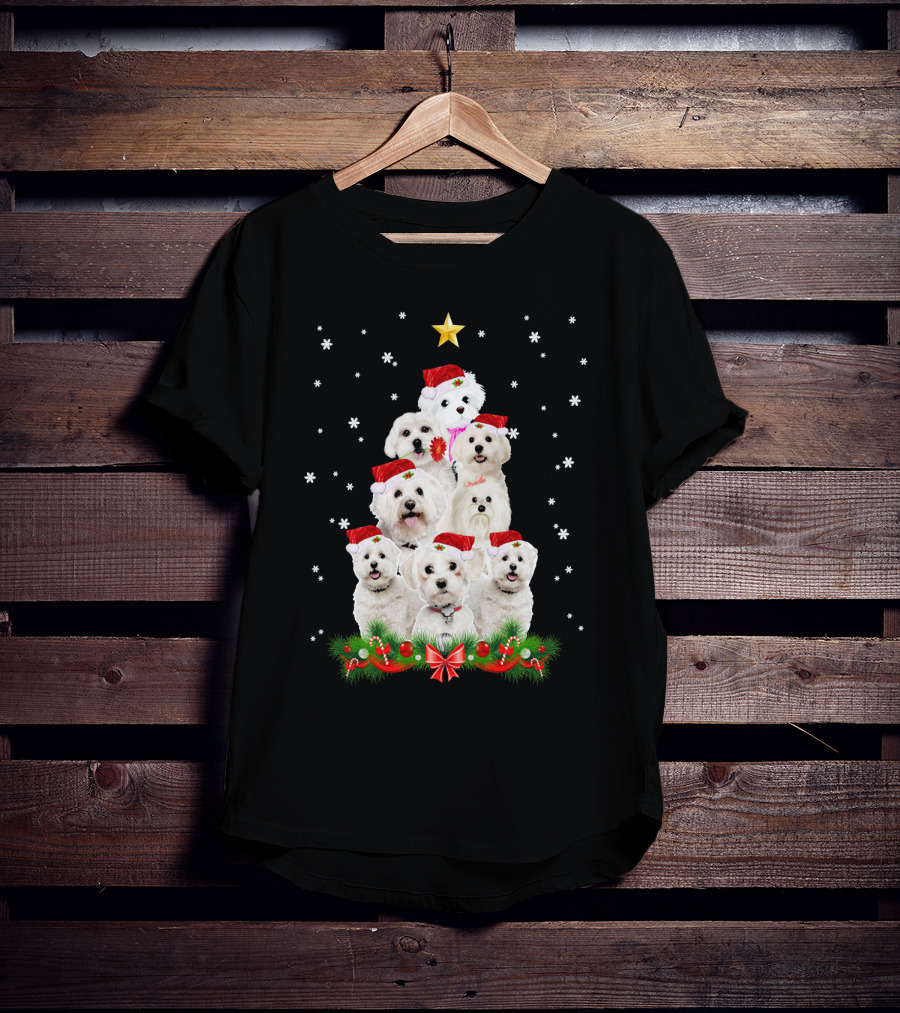 Maltese Dogs Christmas Tree With Santa Hats And Star T-Shirt