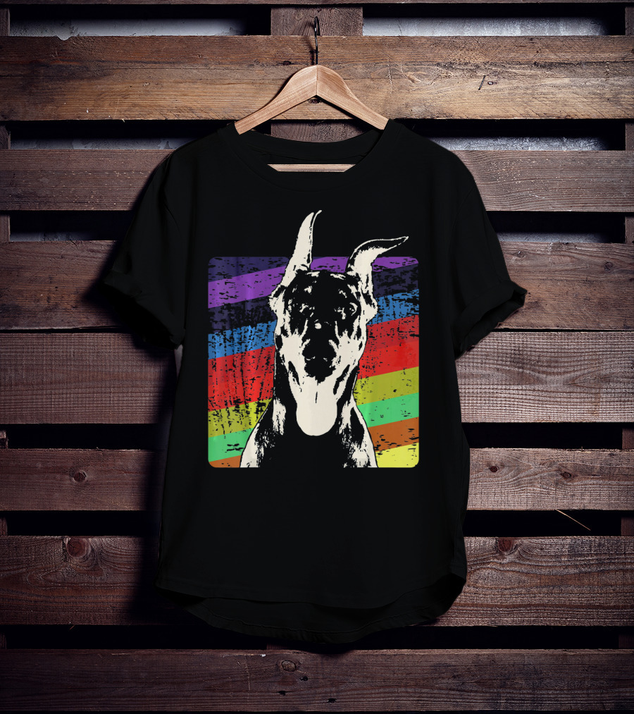 Classic Vintage Doberman Pinscher Rainbow Stripes Retro T-Shirt