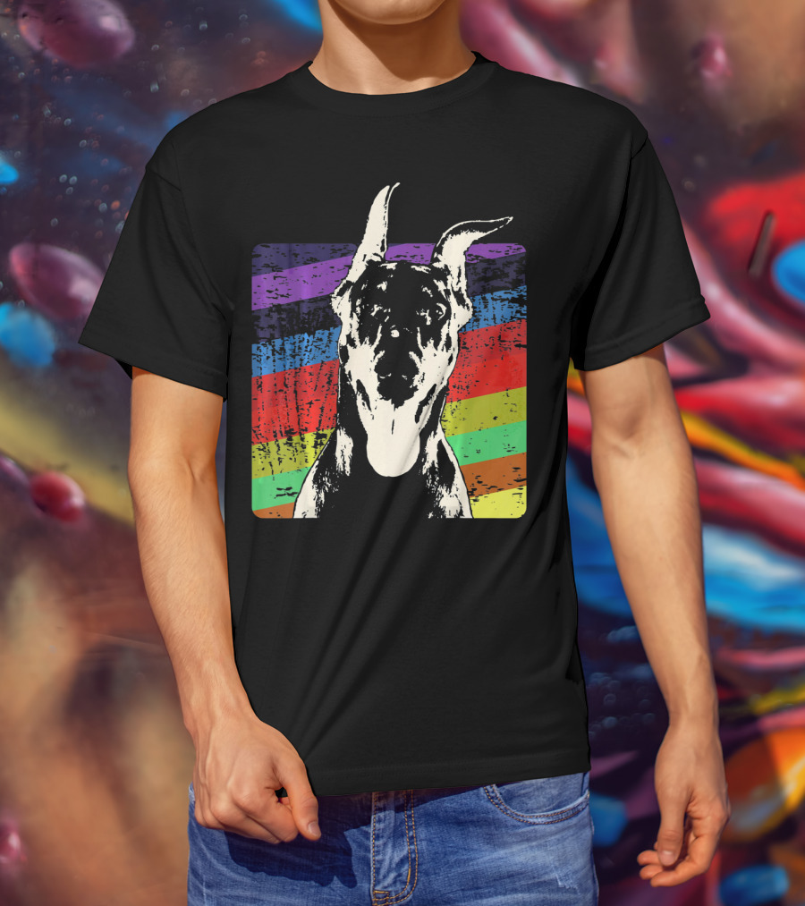 Classic Vintage Doberman Pinscher Rainbow Stripes Retro T-Shirt