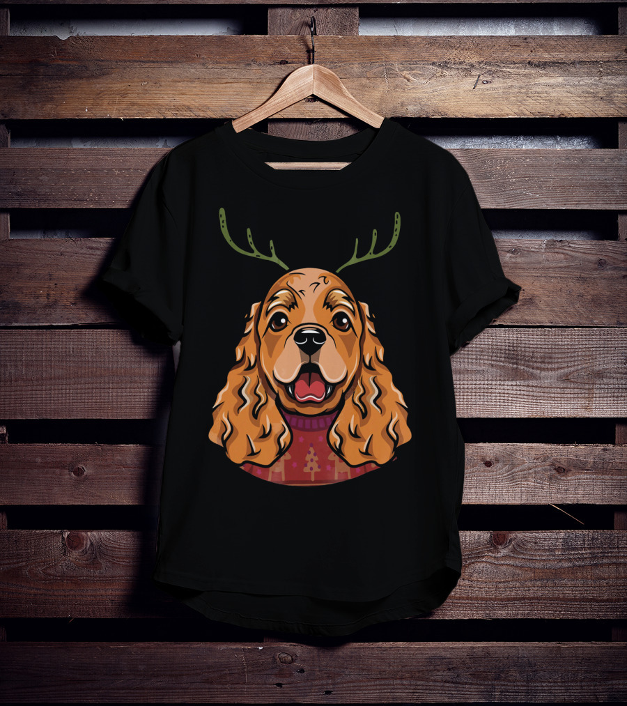 Cocker Spaniel Dog With Reindeer Antlers And Holiday T-Shirt
