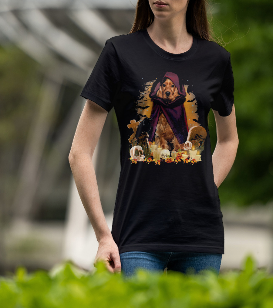 Cocker Spaniel Halloween Hooded Dog With Skulls And Tombstones T-Shirt