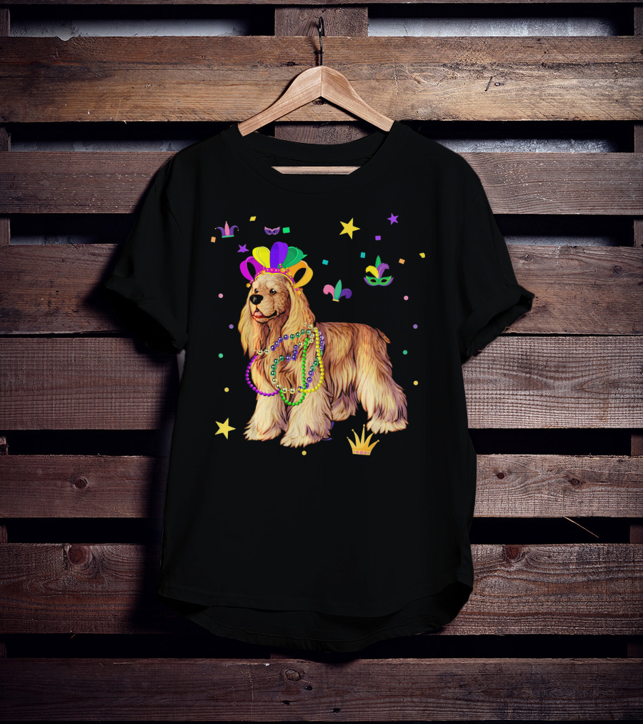 Cocker Spaniel Dog Mardi Gras Party Celebration Beads And Mask T-Shirt