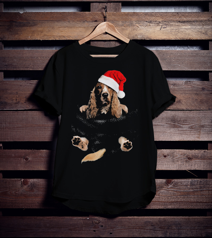 Cocker Spaniel Christmas Santa Hat In Pocket T-Shirt