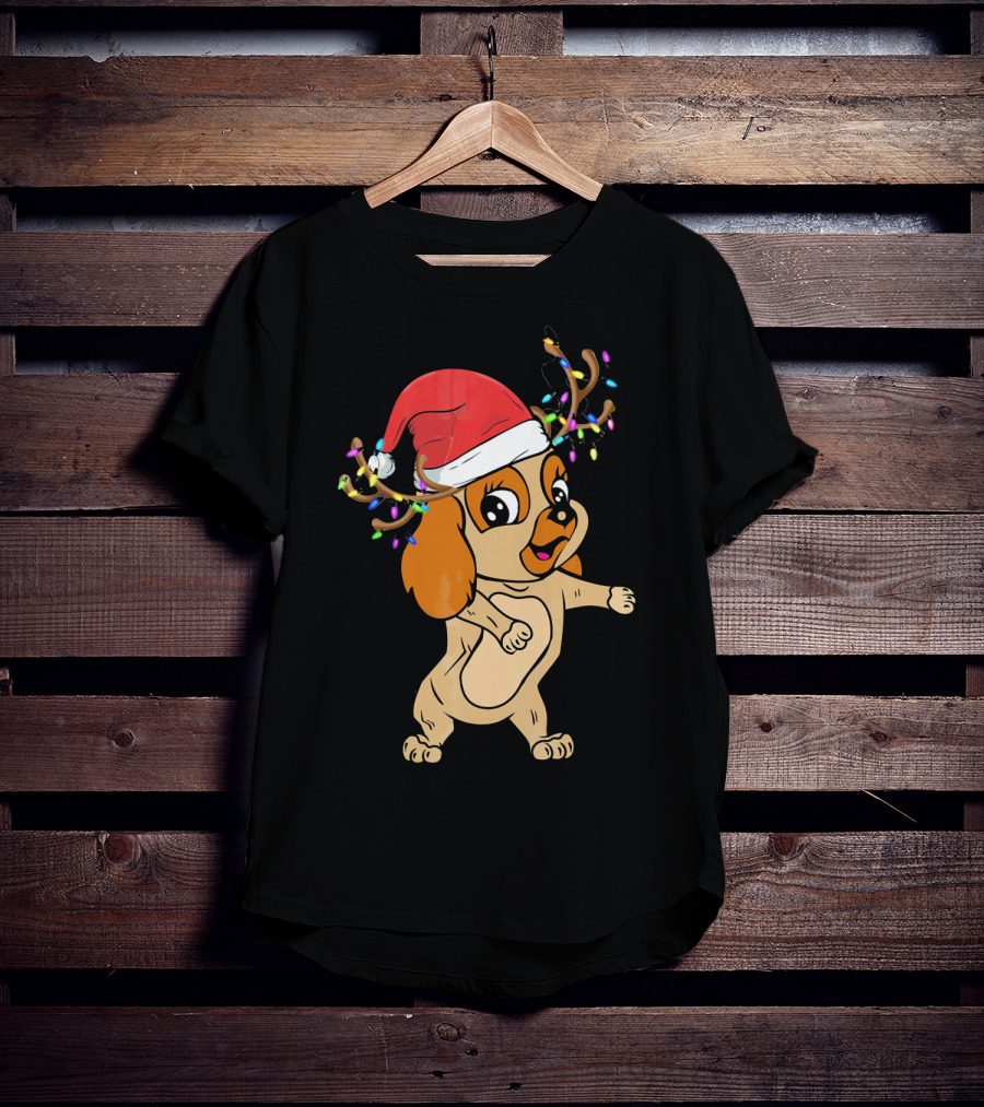Cocker Spaniel Reindeer Christmas Funny Dog With Santa Hat And Festive Antlers T-Shirt