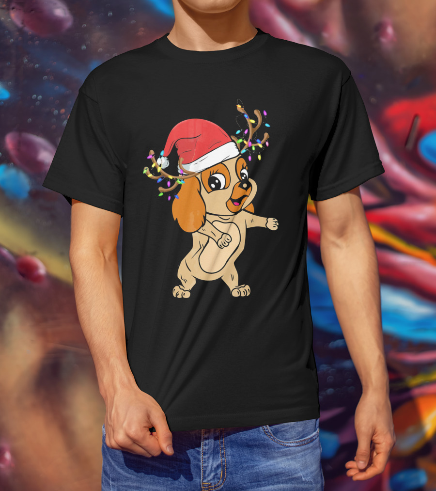 Cocker Spaniel Reindeer Christmas Funny Dog With Santa Hat And Festive Antlers T-Shirt
