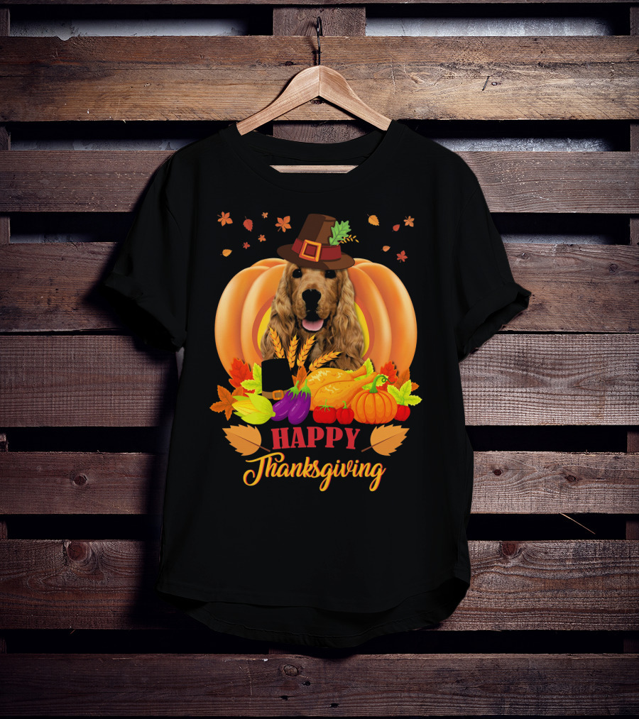 Happy Thanksgiving Cocker Spaniel With Pumpkins And Autumn Harvest T-Shirt