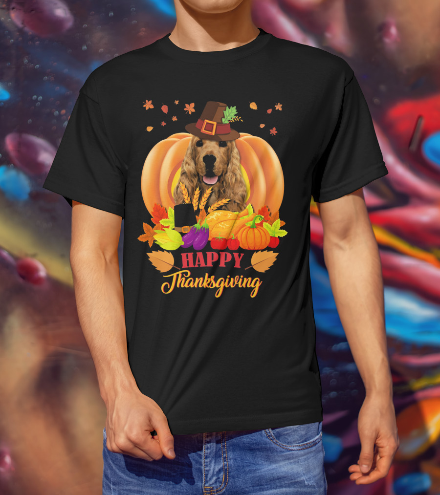 Happy Thanksgiving Cocker Spaniel With Pumpkins And Autumn Harvest T-Shirt