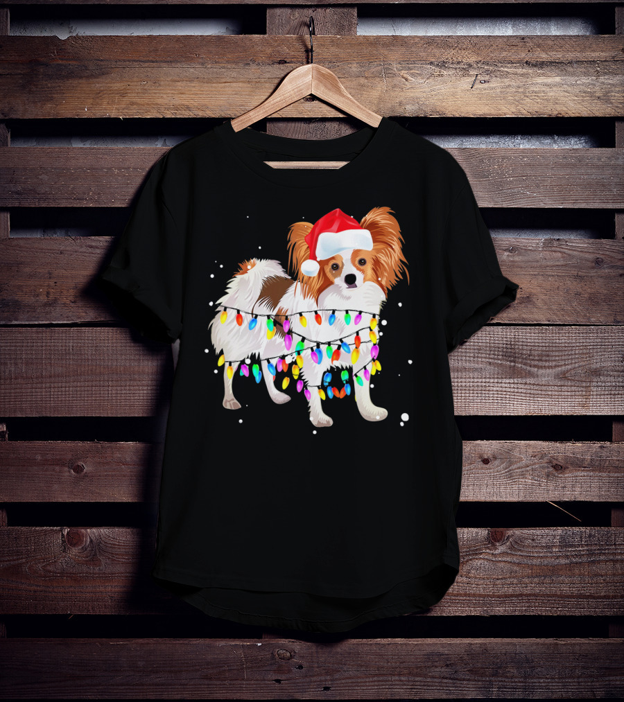 Papillon Dog Wrapped In Christmas Lights Wearing Santa Hat T-Shirt