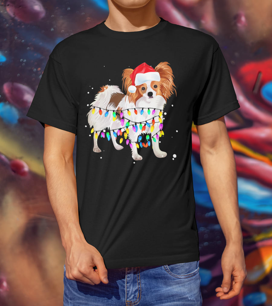 Papillon Dog Wrapped In Christmas Lights Wearing Santa Hat T-Shirt