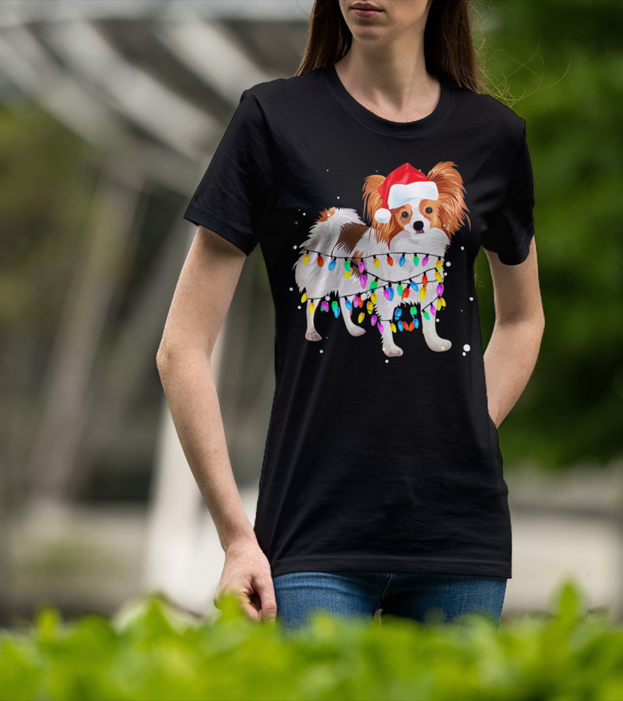 Papillon Dog Wrapped In Christmas Lights Wearing Santa Hat T-Shirt