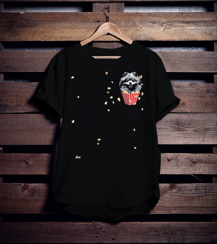 Smiling Pomeranian In Popcorn Box With Popping Kernels T-Shirt