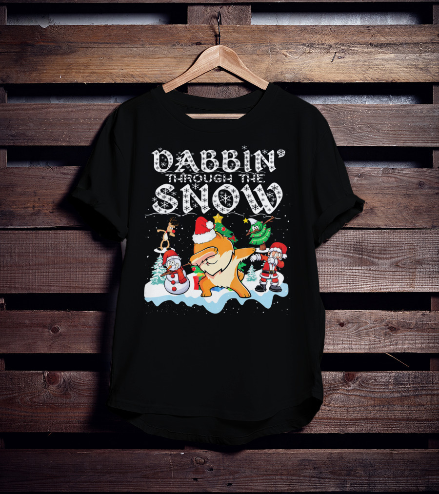 Dabbin Through The Snow Pomeranian Dog With Santa Snowman And Reindeer T-Shirt