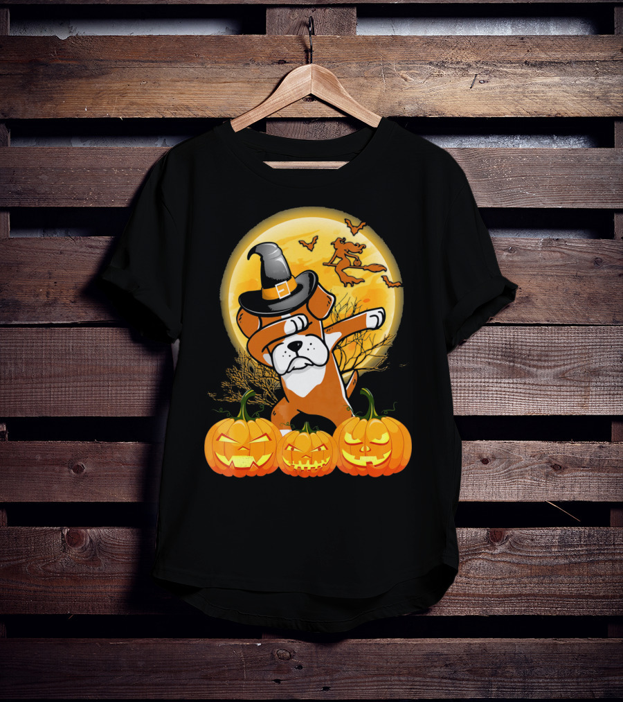 Halloween Dabbing Boxer Dog Witch Hat Pumpkins Bats Moon T-Shirt