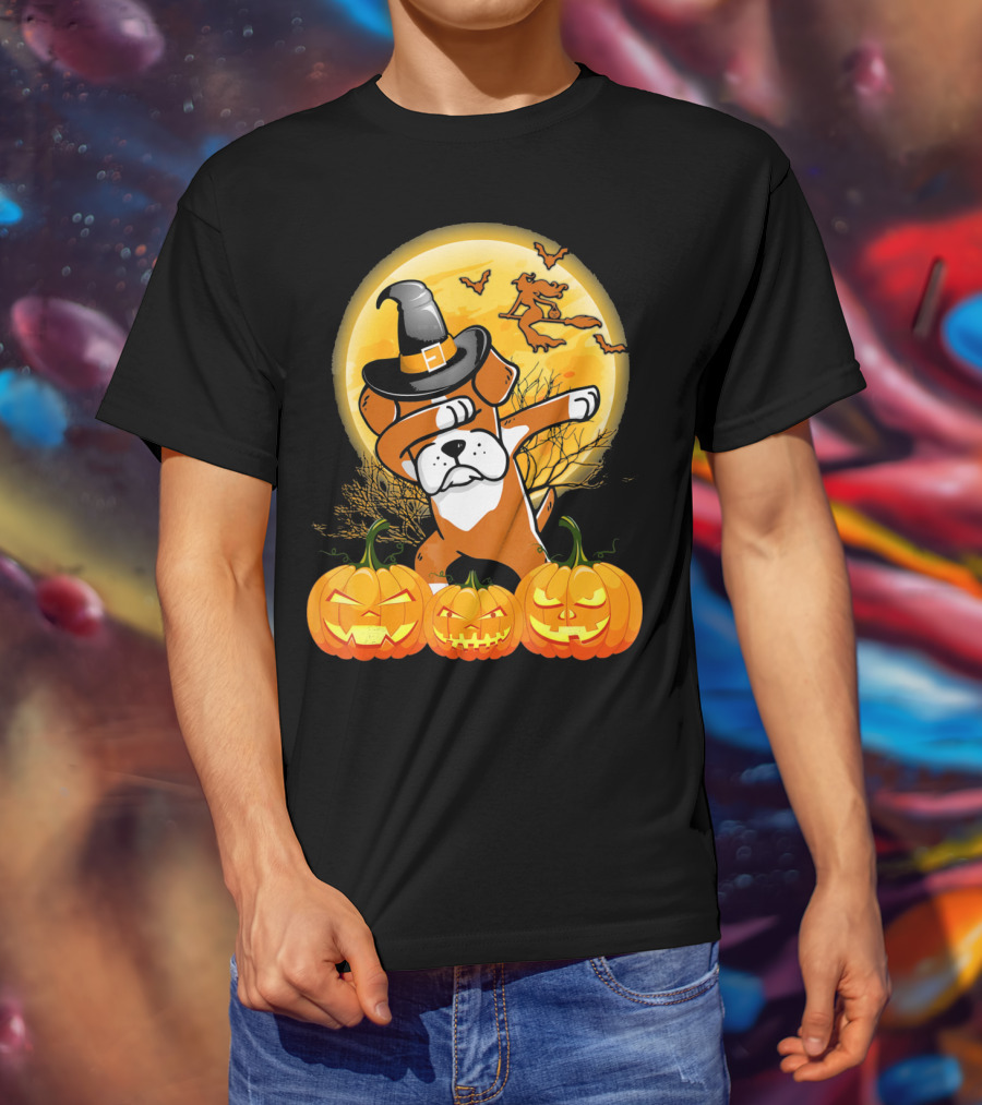 Halloween Dabbing Boxer Dog Witch Hat Pumpkins Bats Moon T-Shirt