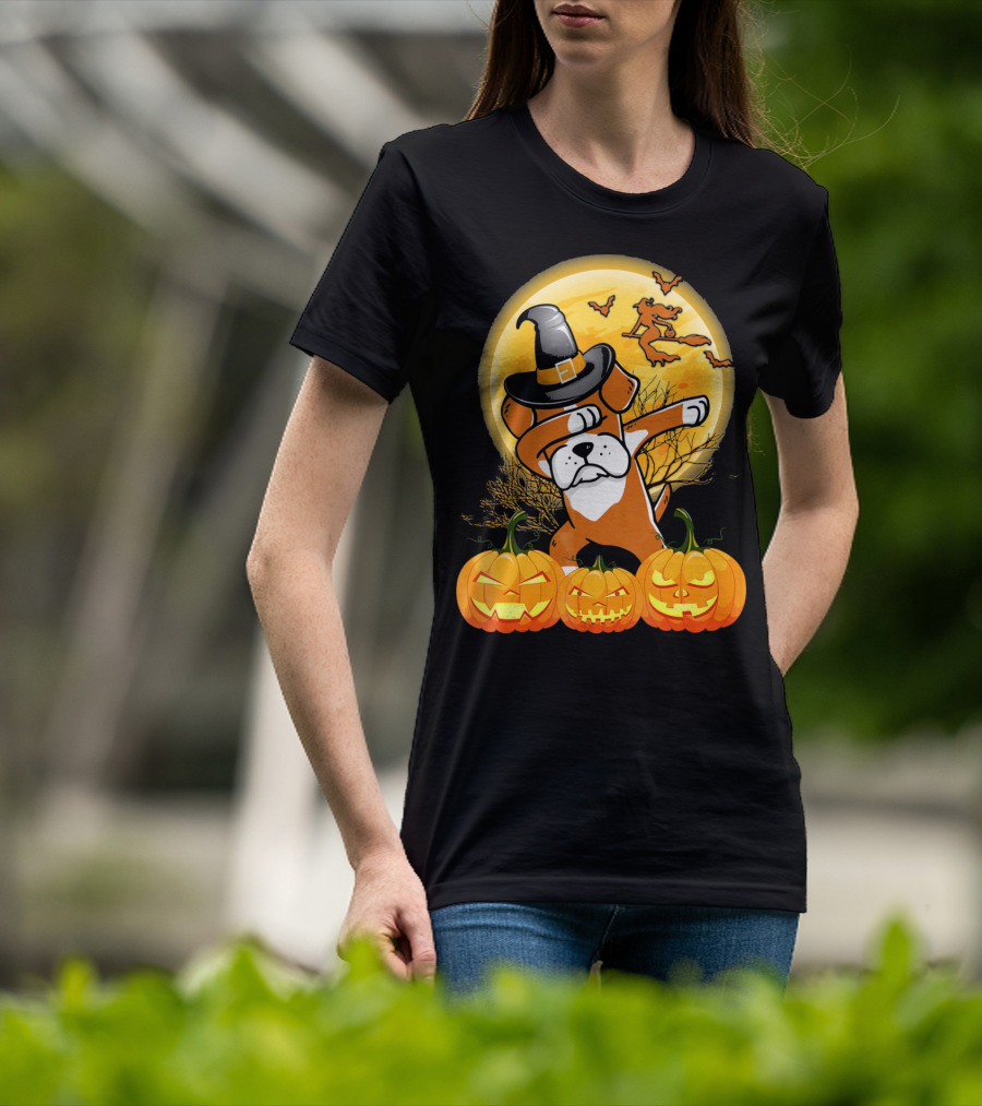 Halloween Dabbing Boxer Dog Witch Hat Pumpkins Bats Moon T-Shirt