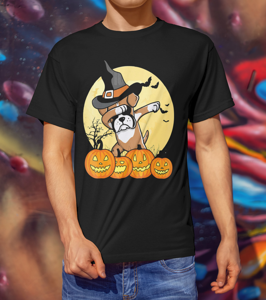 Dabbing Boxer Dog Witch Hat Pumpkin Halloween Dab Dance T-Shirt