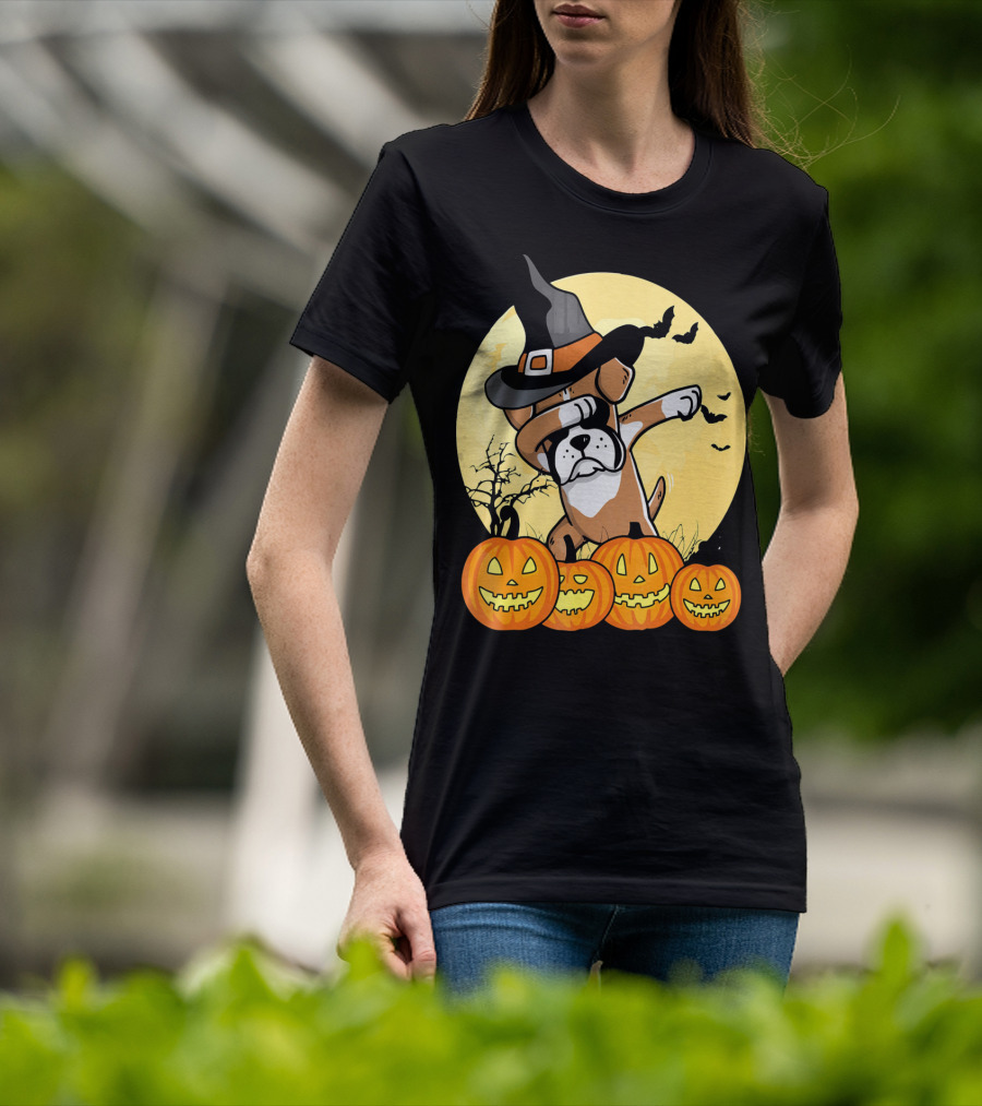 Dabbing Boxer Dog Witch Hat Pumpkin Halloween Dab Dance T-Shirt