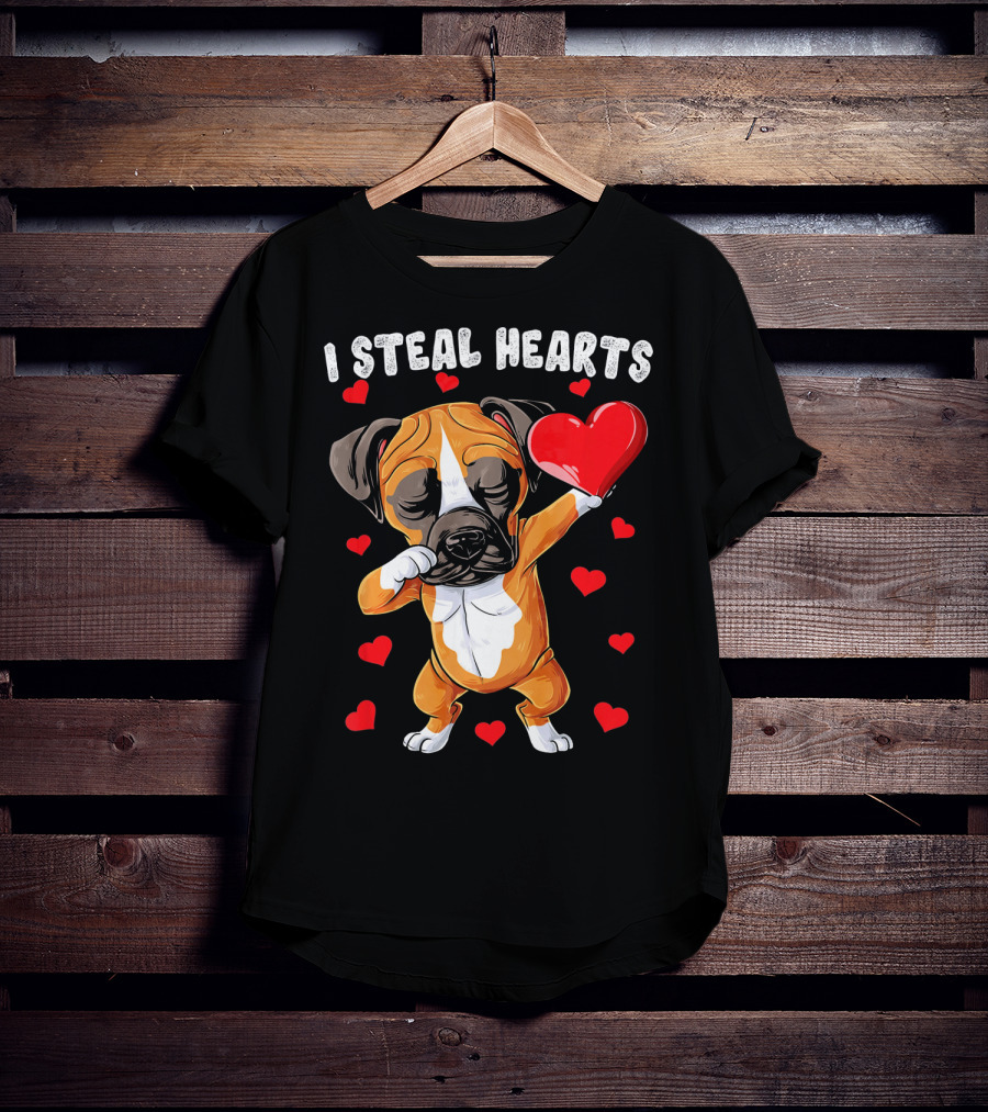 Dabbing Boxer Dog Holding Red Heart I Steal Hearts T-Shirt