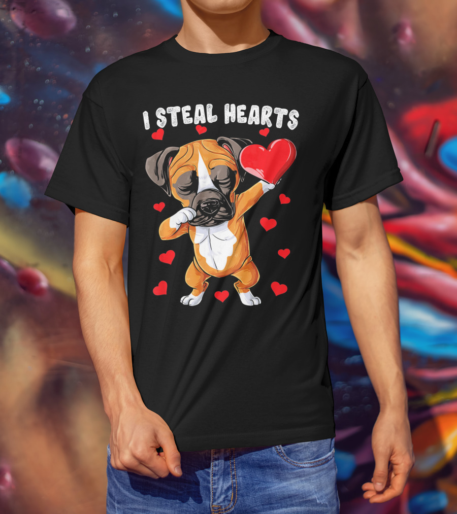 Dabbing Boxer Dog Holding Red Heart I Steal Hearts T-Shirt