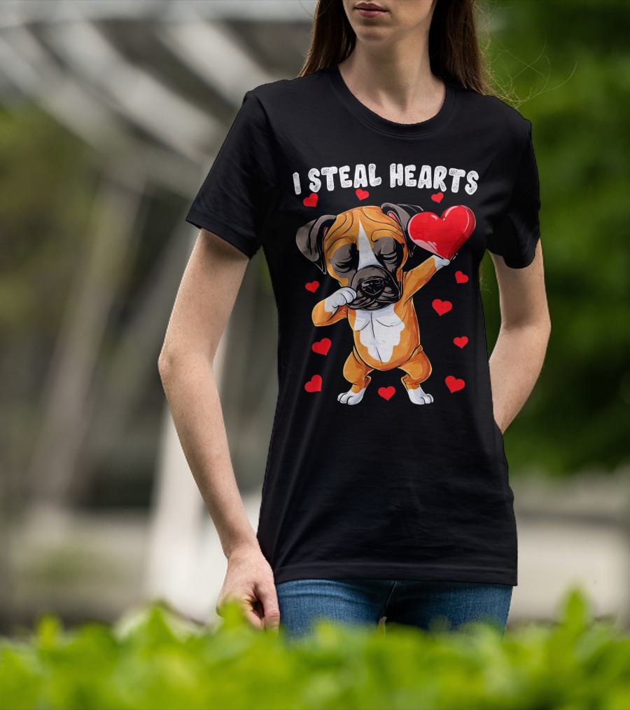 Dabbing Boxer Dog Holding Red Heart I Steal Hearts T-Shirt