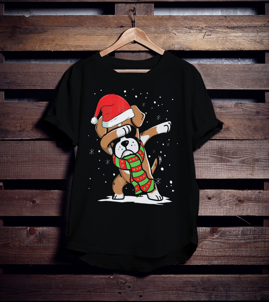Festive Dabbing Boxer Dog In Santa Hat And Scarf For Christmas Dog Lovers T-Shirt