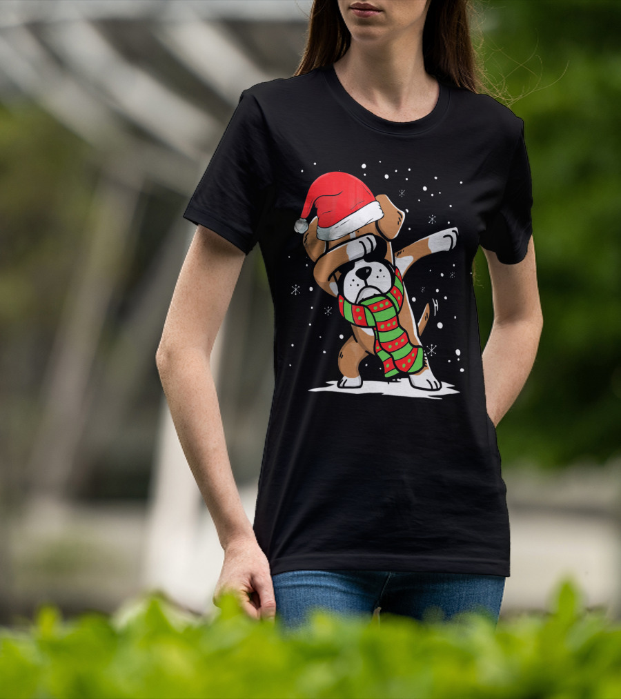 Festive Dabbing Boxer Dog In Santa Hat And Scarf For Christmas Dog Lovers T-Shirt
