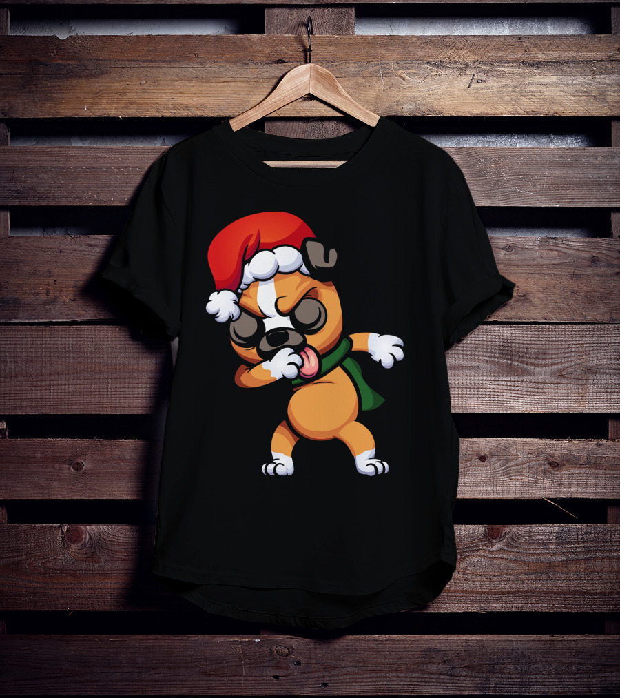 Dabbing Boxer Santa Dog Cartoon With Christmas Hat And Scarf T-Shirt