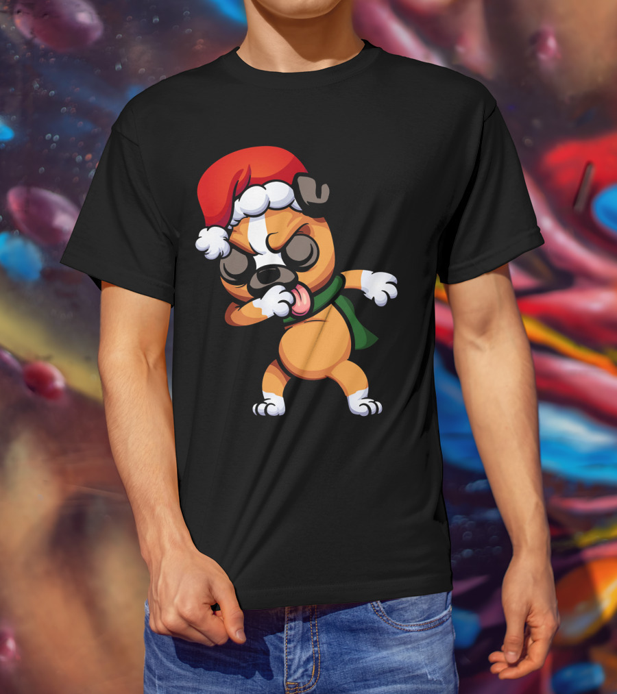 Dabbing Boxer Santa Dog Cartoon With Christmas Hat And Scarf T-Shirt