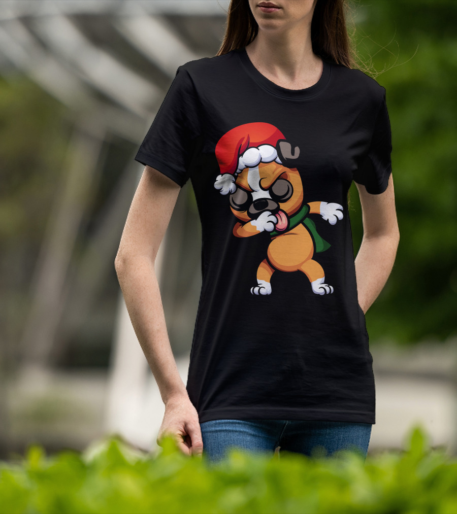Dabbing Boxer Santa Dog Cartoon With Christmas Hat And Scarf T-Shirt