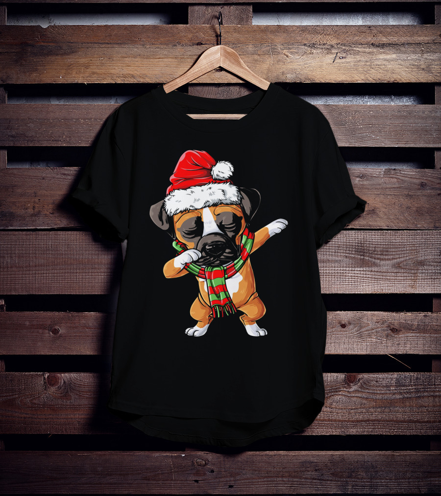 Boxer Dog Dabbing Santa Hat Christmas Scarf T-Shirt